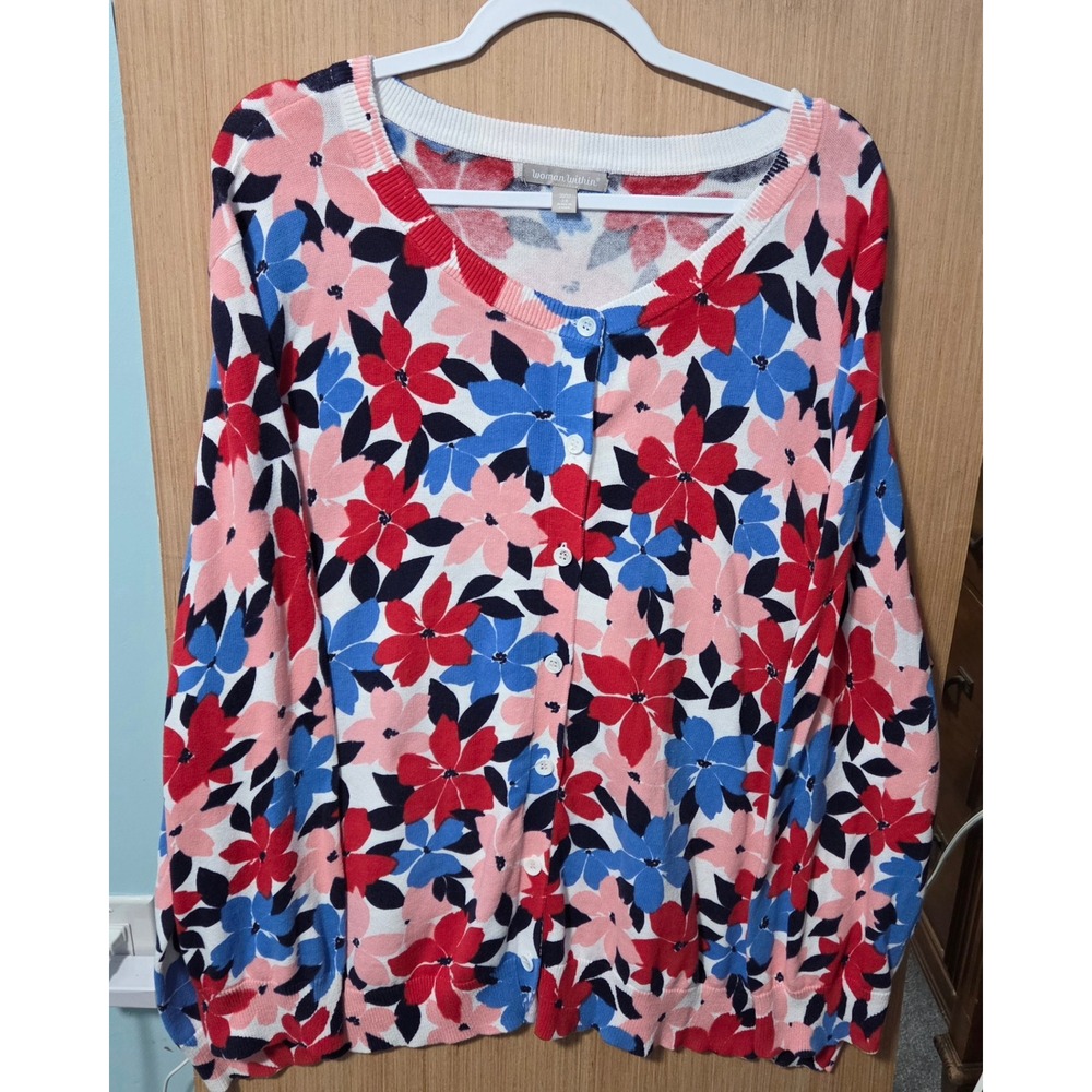 Woman Within Sz 3X (30/32) Ladies Cotton Cardigan Sweater Pink‎ Blue Red Multi